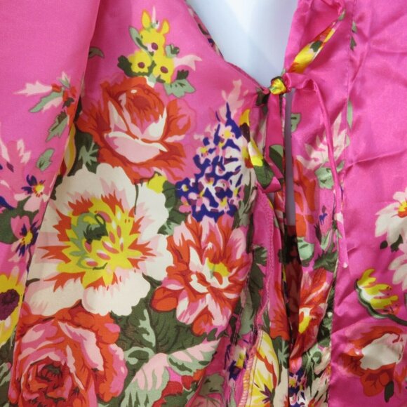 New Ms Lovely Hot Pink Floral Satin Kimono Robe M/L Knee Length Pockets Belted - Picture 13 of 16
